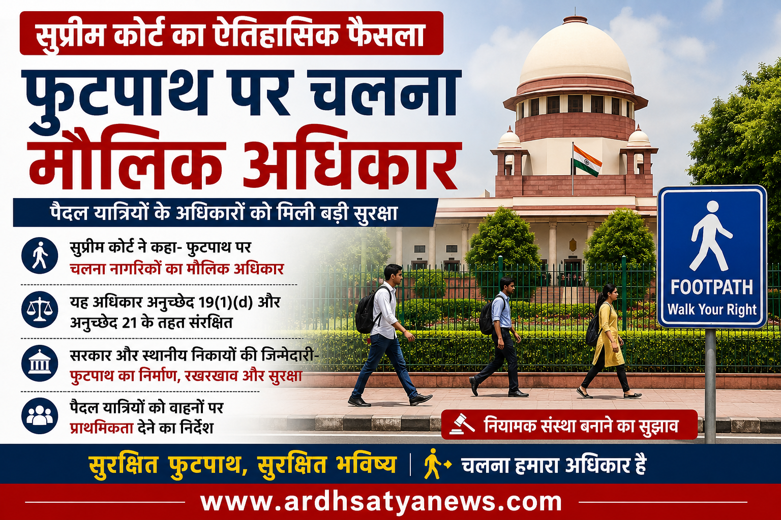 SC का बड़ा फैसला: फुटपाथ पर चलना नागरिकों का मौलिक अधिकार, पैदल यात्रियों को मिलेगी प्राथमिकता
